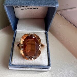 Vintage 18K HGE Electroplate Gold Citirine Glass Stone Ring size 7 Kapow!